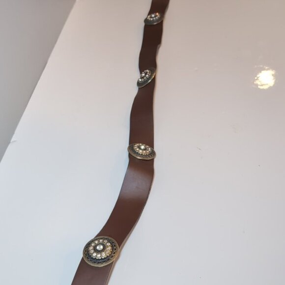 Xcetera Womens Western Belt Carved Brass Buckle Rhinestone Brown Faux Leather - Picture 3 of 9